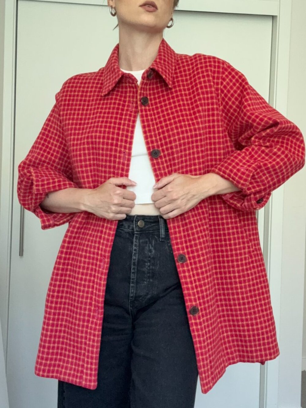 Lapiaf du Marais Pink, Red and Yellow Grid Button Up Coat